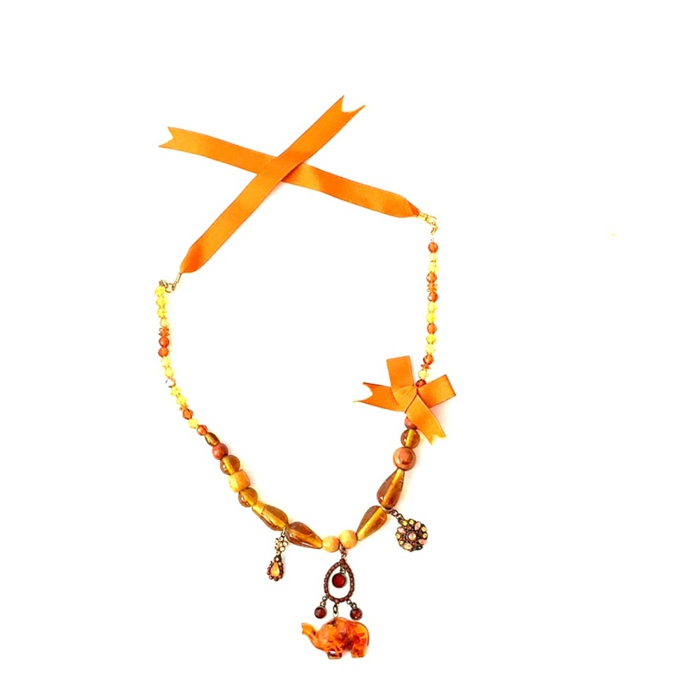 Necklace one of a kind, w ribbon tie, mixed media